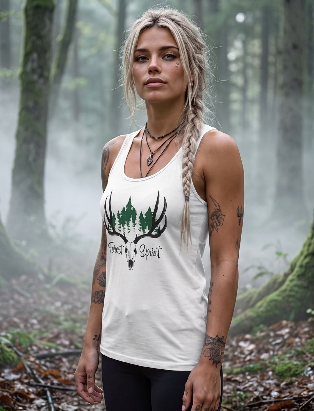 Frau im weißen Tank Top im Nebelwald, grüne Tannen im Geweih sichtbar