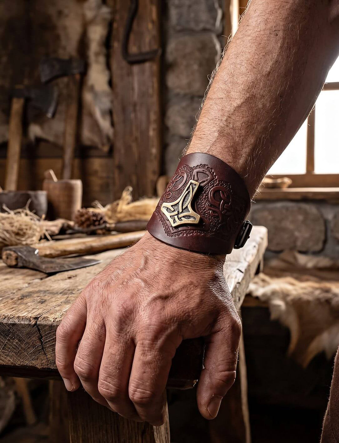 Braunes Mjölnir Lederarmband mit messingfarbenem Hammer am Handgelenk eines Mannes in einer rustikalen Werkstatt