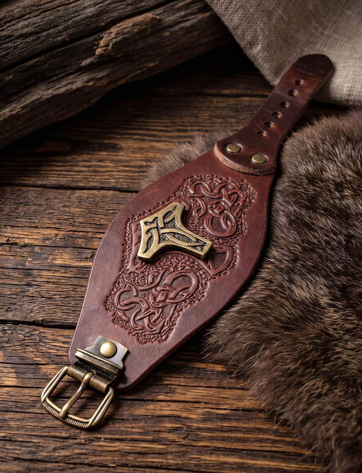 Braunes Thors Hammer Armband mit messingfarbenem Beschlag und Dornschnalle, flach ausgelegt auf Holz und Fell