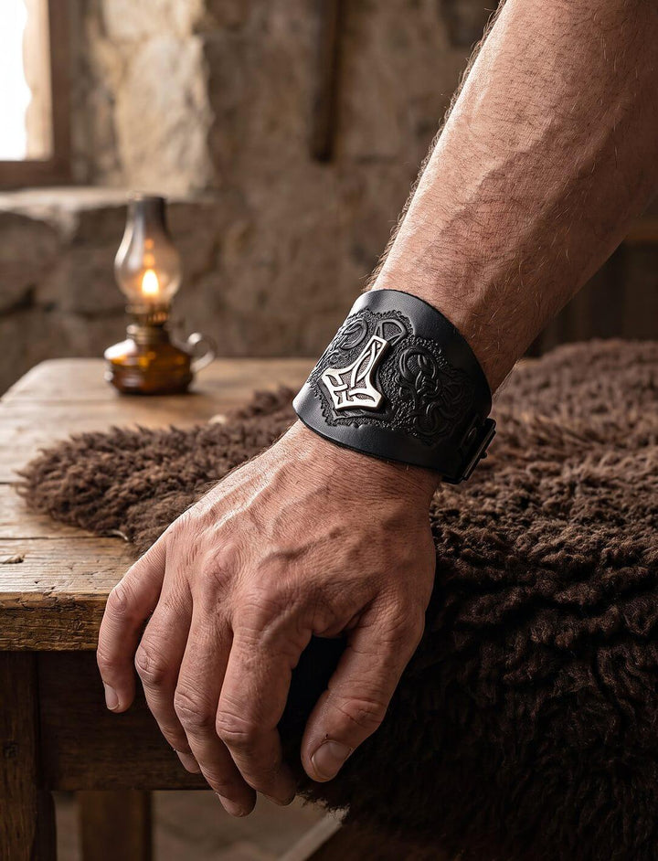Breites schwarzes Lederarmband mit Thors Hammer am Handgelenk, die Hand ruht auf einem Fell, im Hintergrund eine Öllampe