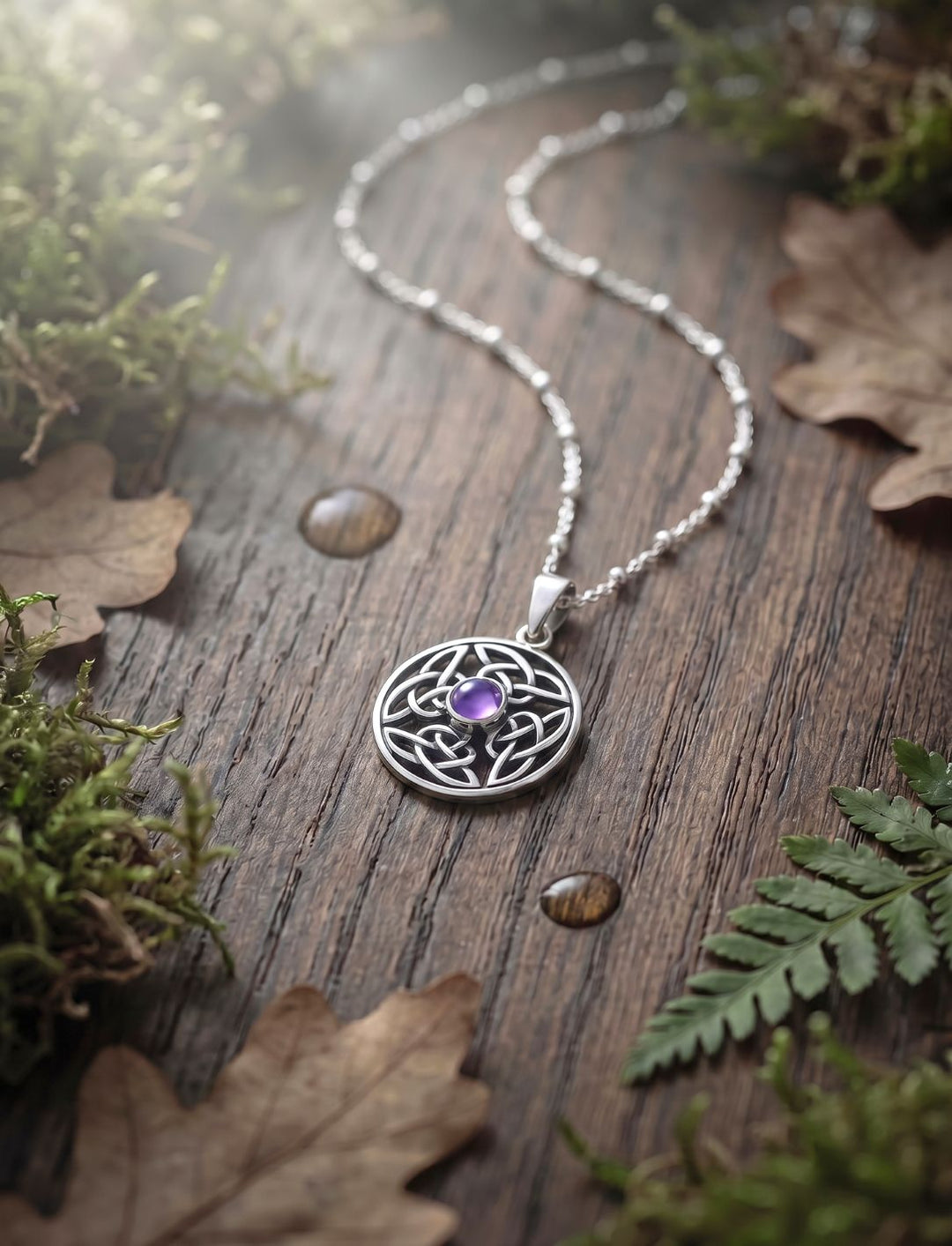 Keltischer Knoten Anhänger mit violettem Stein an Silberperlenkette auf dunklem Holz mit Farn und Eichenlaub