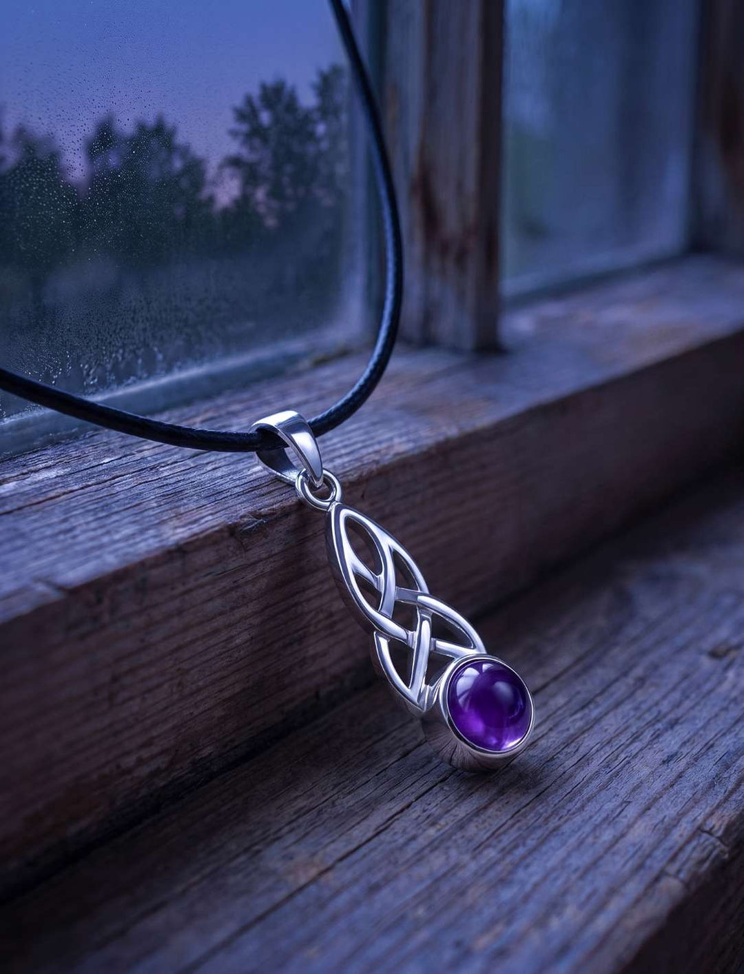 Silberanhänger mit Amethyst am Lederband auf einer alten Fensterbank in der Abenddämmerung