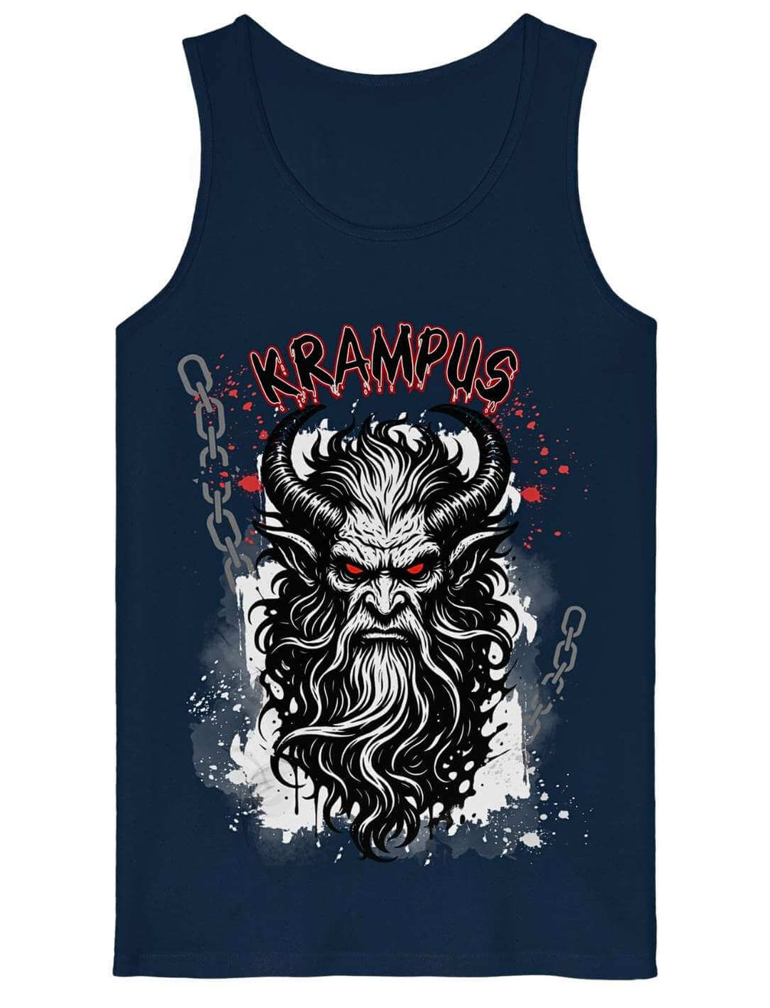 Dunkelblaues Organic Tanktop mit Krampus Kopf und gotischer Schrift