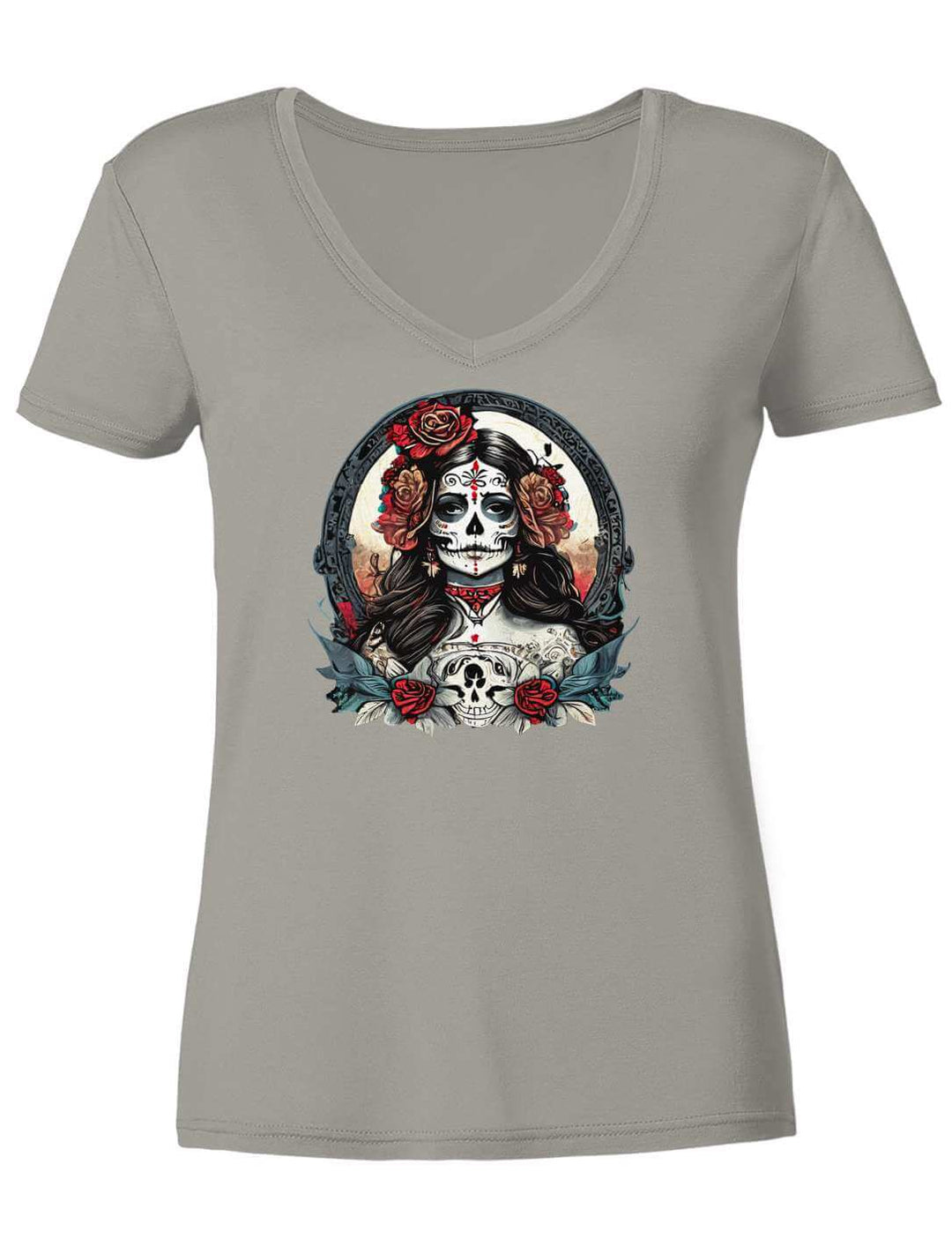 Hellgraues Damen V-Neck Shirt mit La Catrina Motiv, flach fotografiert