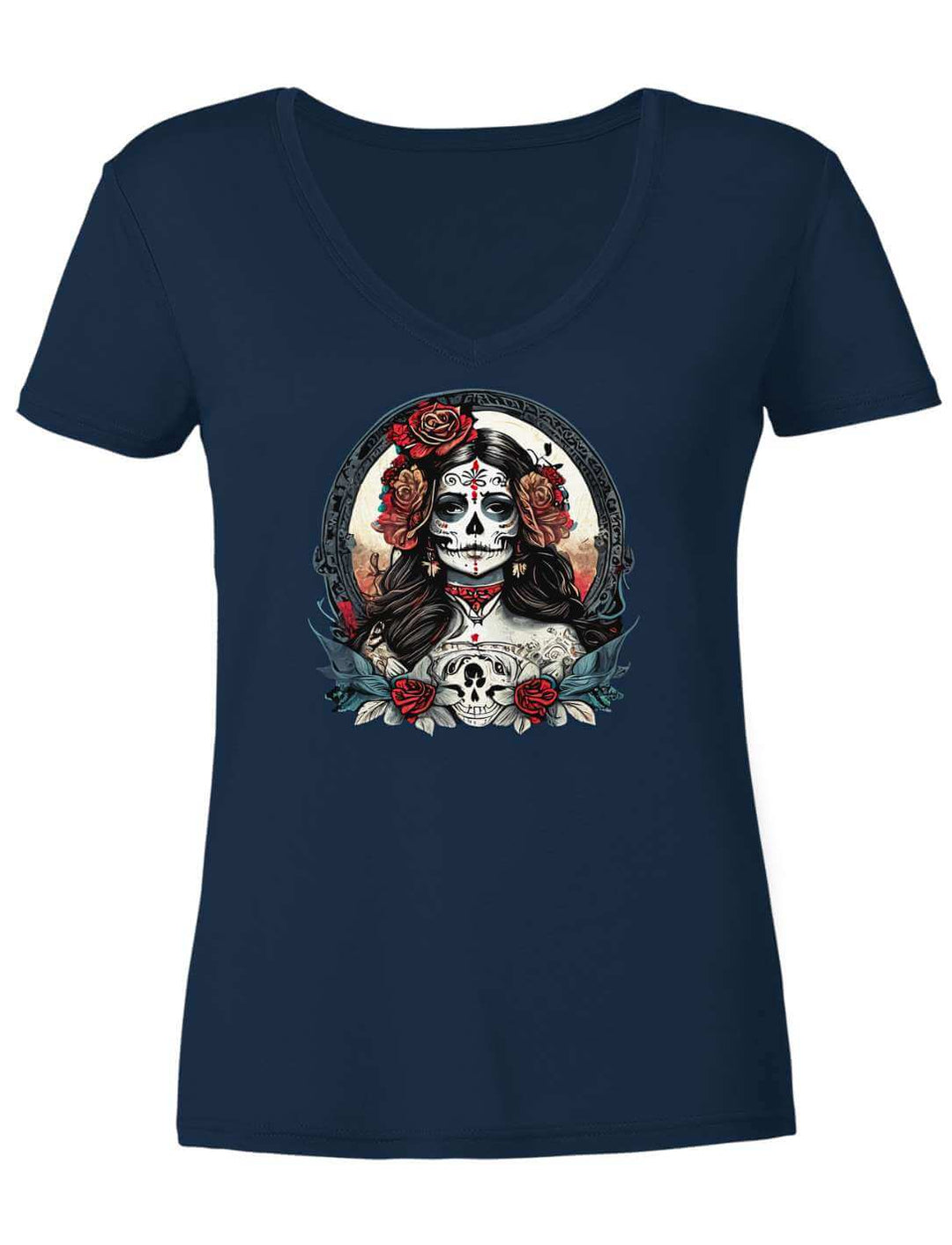 Navyfarbenes Damen V-Neck Shirt mit La Catrina Motiv, flach fotografiert