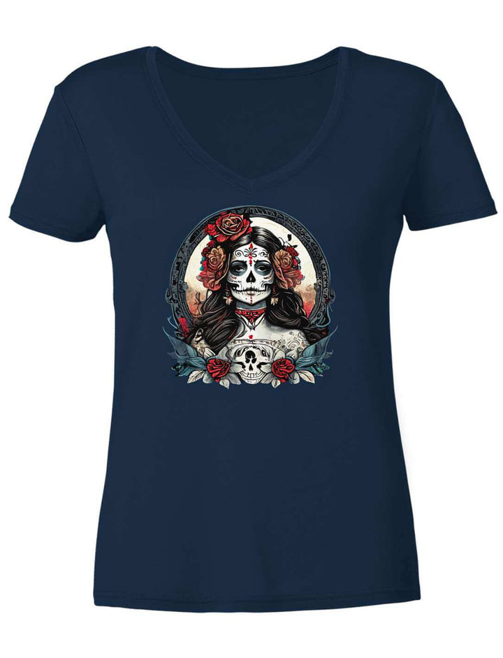 Navyfarbenes Damen V-Neck Shirt mit La Catrina Motiv, flach fotografiert