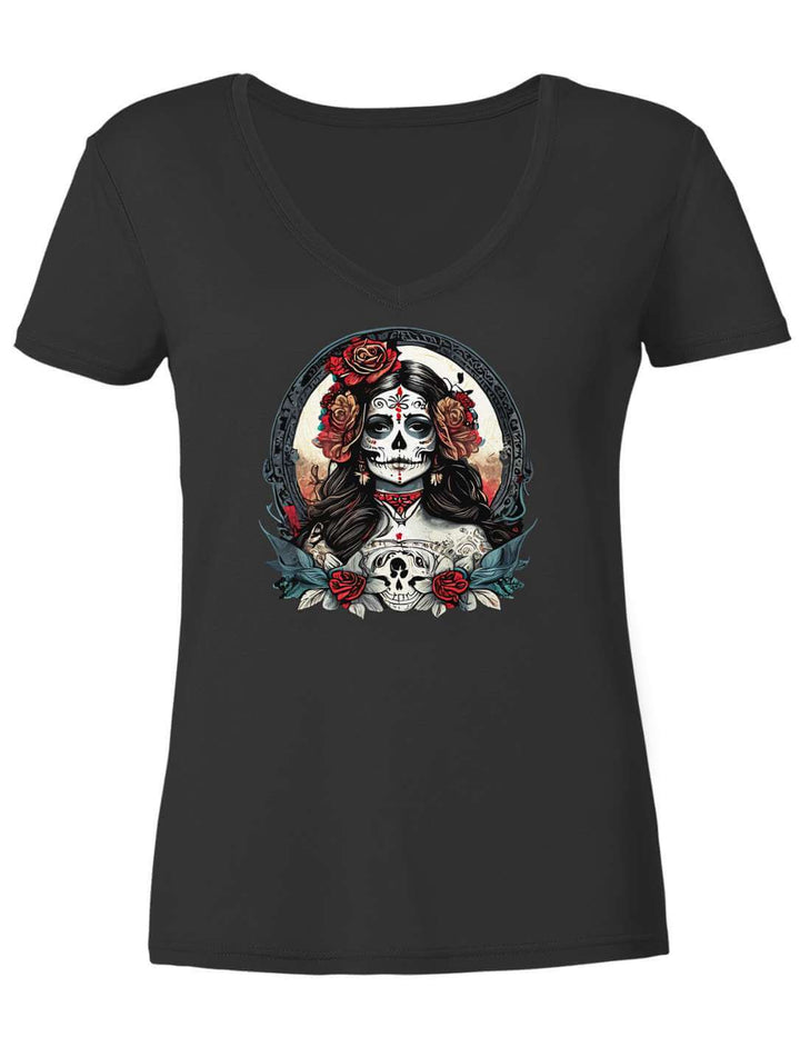 Schwarzes Damen V-Neck Shirt mit La Catrina Motiv, flach fotografiert