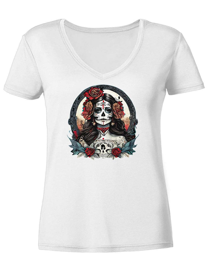 Weißes Damen V-Neck Shirt mit La Catrina Motiv, flach fotografiert