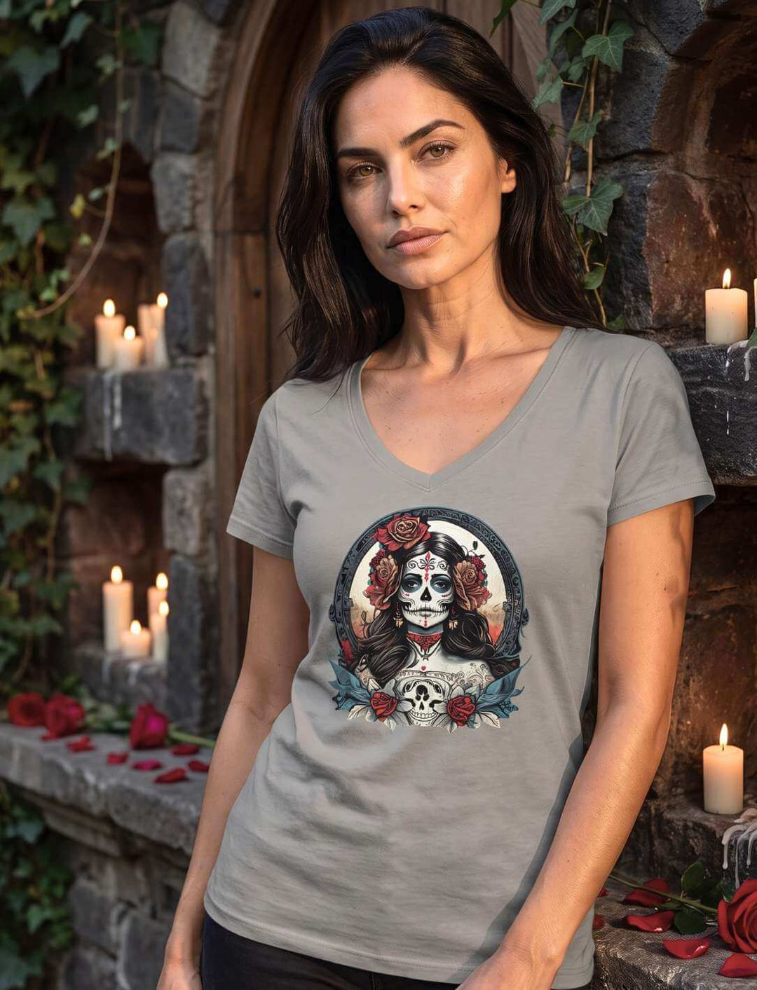 Hellgraues V-Neck Shirt vor einem dunklen Torbogen mit Kerzen