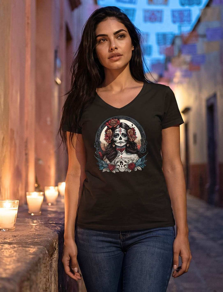 Frau im schwarzen V-Neck Shirt in einer Gasse mit Kerzen und Papierwimpeln