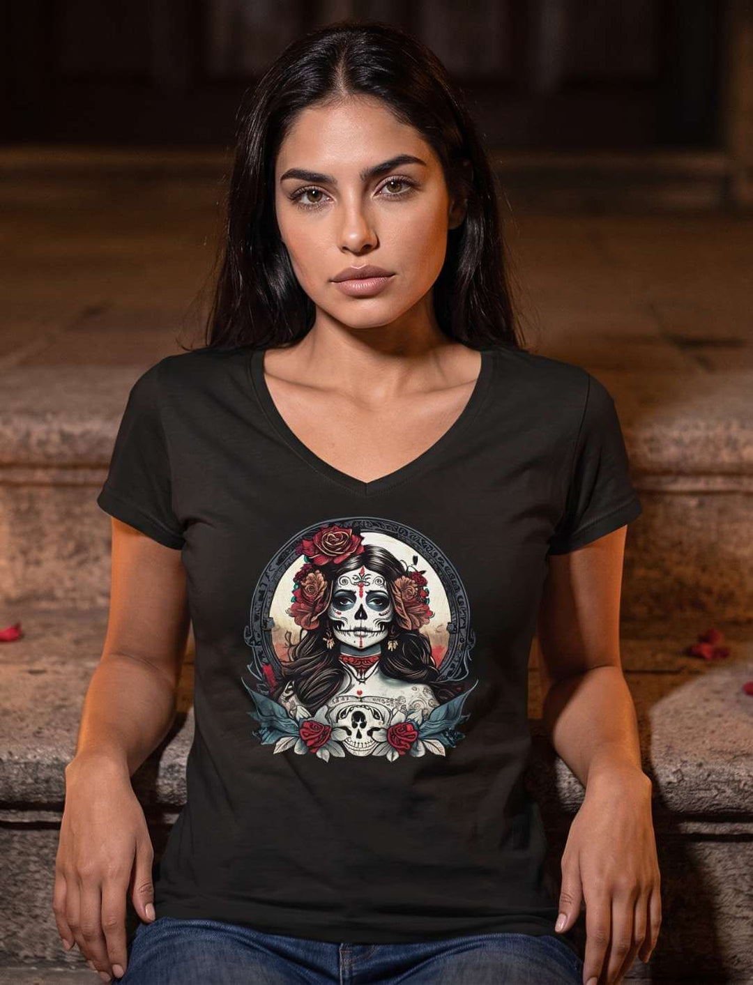 La Catrina Damen V-Neck Shirt in Schwarz mit bemaltem Frauengesicht und roten Rosen