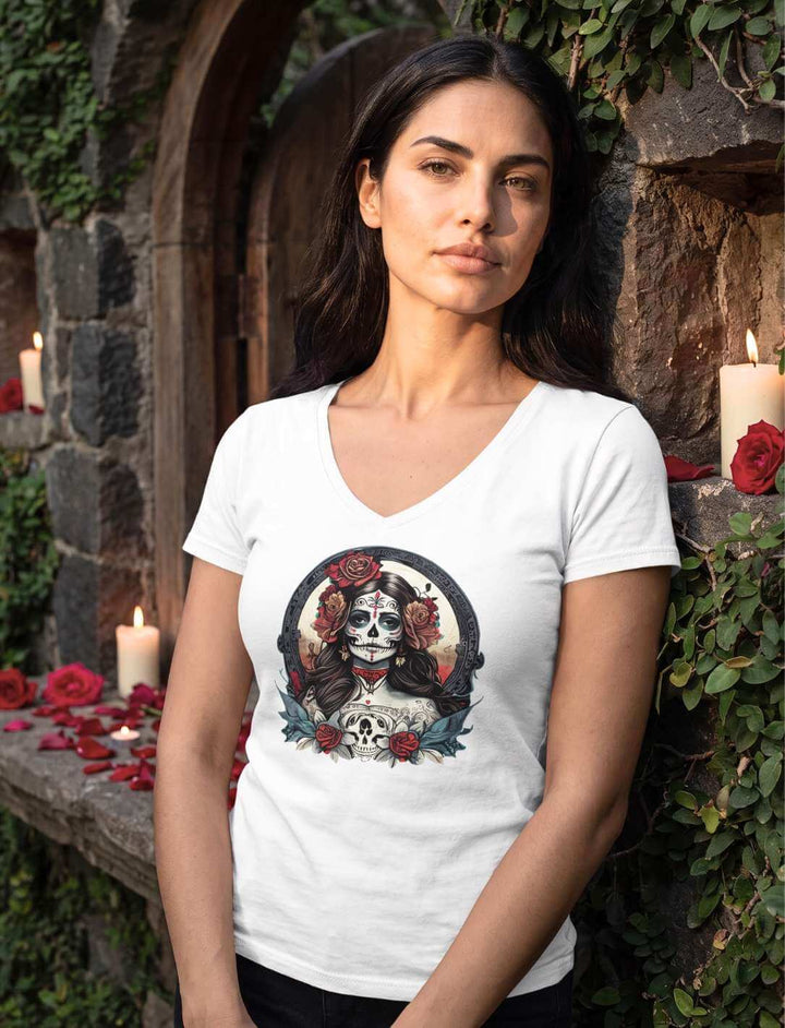 Weißes V-Neck Shirt an einer Mauer mit Efeu und roten Rosen