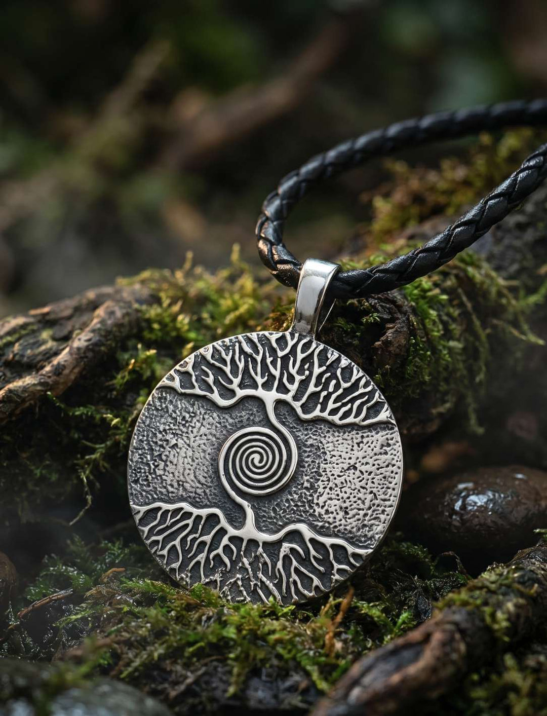 Lebensbaum Anhänger mit keltischer Spirale an schwarzem Lederband auf Baumwurzeln