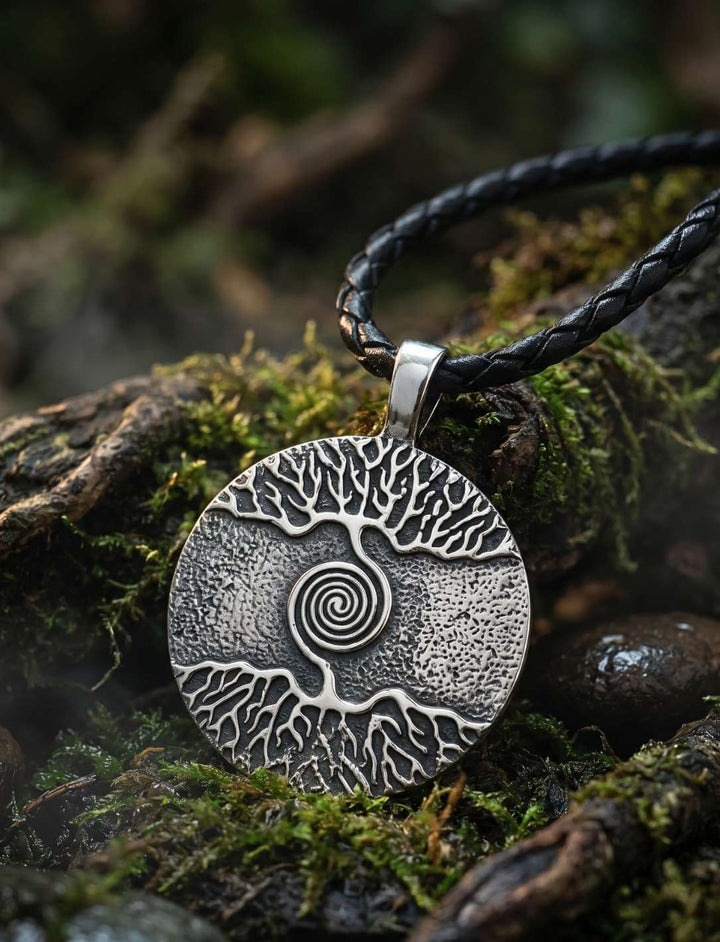 Lebensbaum Anhänger mit keltischer Spirale an schwarzem Lederband auf Baumwurzeln