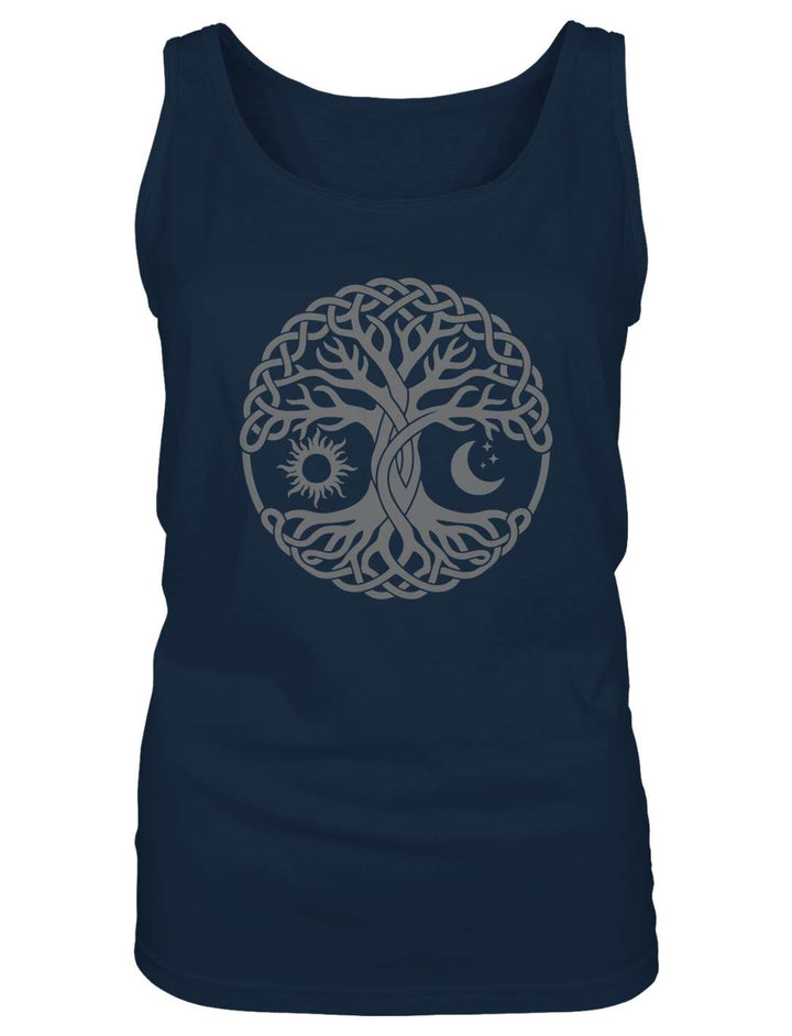 Navyblaues Tank Top mit Lebensbaum-Symbol in Grau, Flatlay-Ansicht