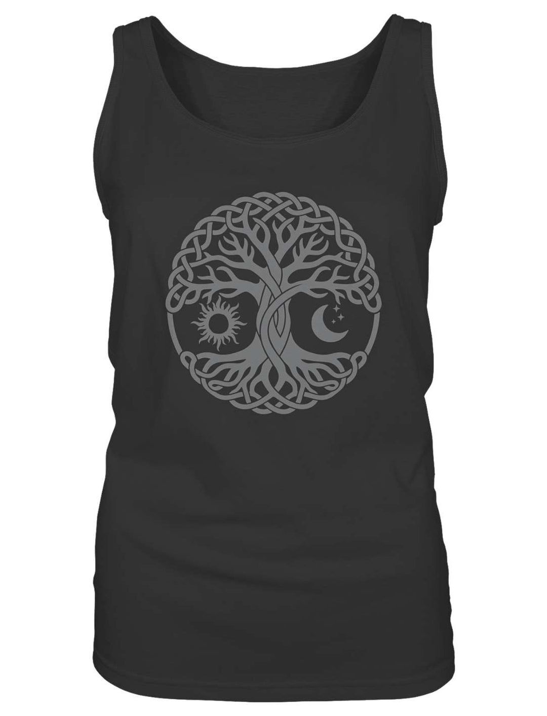 Schwarzes Lebensbaum Tank Top mit Sonne-Mond-Motiv, Flatlay-Ansicht
