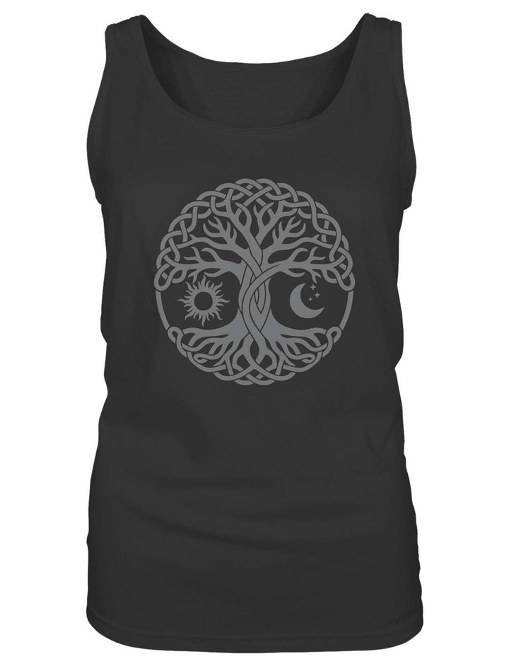 Schwarzes Lebensbaum Tank Top mit Sonne-Mond-Motiv, Flatlay-Ansicht