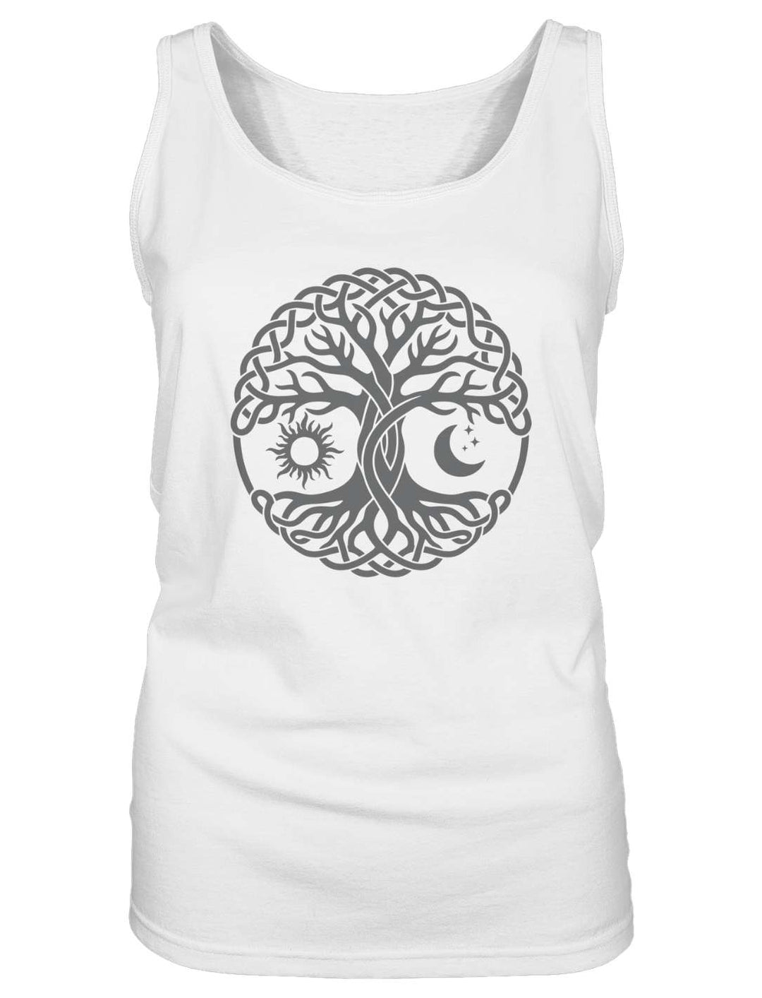 Weißes Tank Top mit keltischem Lebensbaum-Motiv, Flatlay-Ansicht