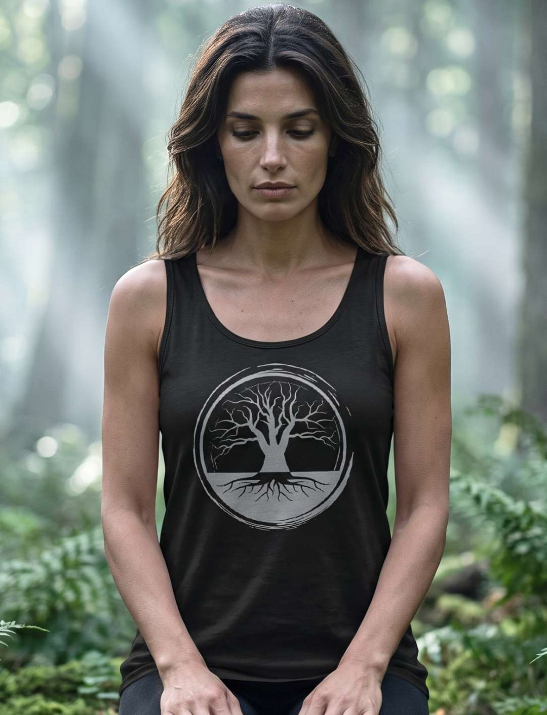 Damen Tank Top schwarz mit Lebensbaum, kniend auf einer Waldlichtung