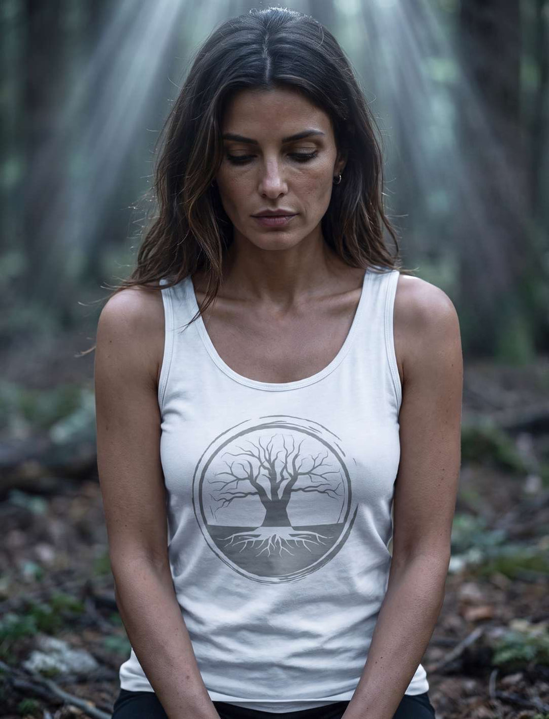Weisses Damen Tank Top mit Lebensbaum im Nebelwald