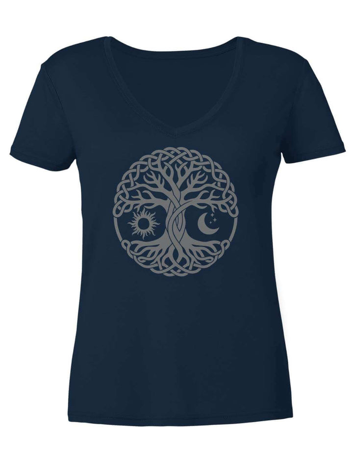 Dunkelblaues Damen V-Neck Shirt mit keltischem Lebensbaum im Knotenkreis