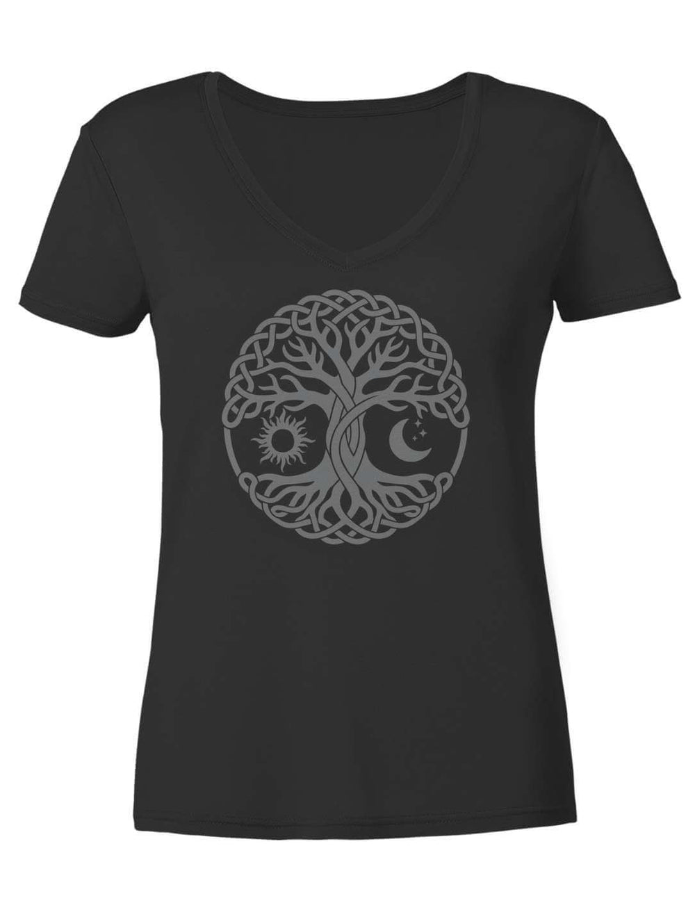 Schwarzes Damen V-Neck Shirt mit keltischem Lebensbaum, Sonne und Mond am Stamm