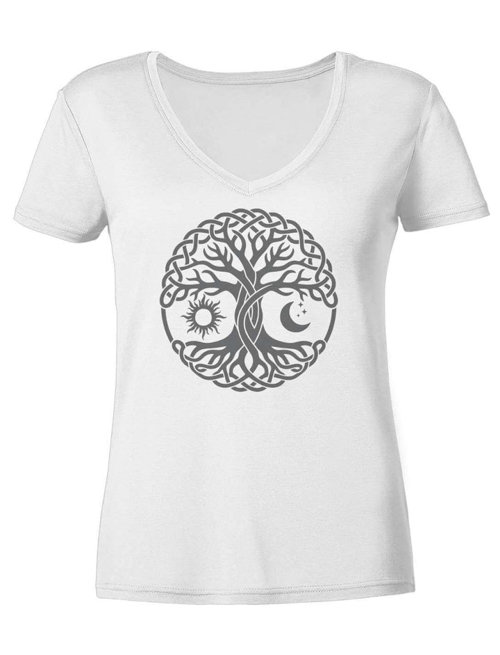 Weisses Damen V-Neck Shirt mit keltischem Lebensbaum, Sonne und Mond am Stamm