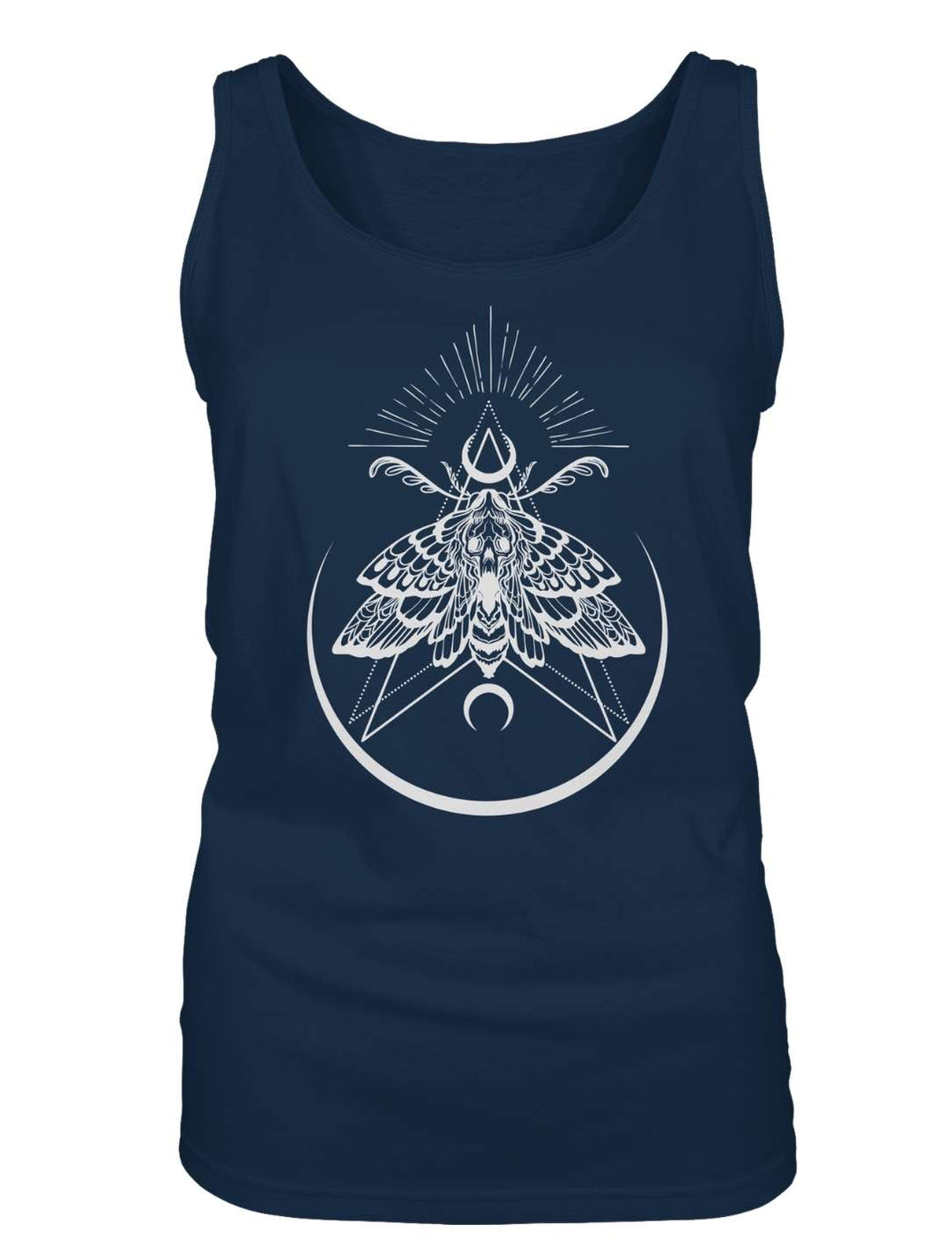 Flatlay des navyblauen Damen Tank Tops mit hellem Nachtfalter und feiner Linienzeichnung