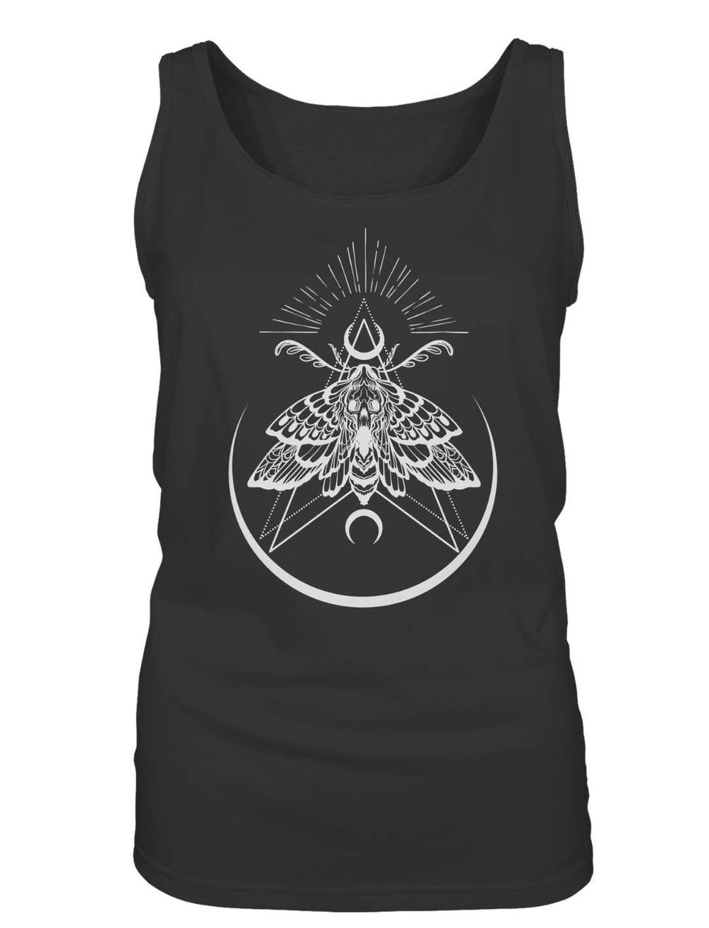 Flatlay des schwarzen Damen Tank Tops mit hellem Nachtfalter, Mondsichel und Strahlenkranz