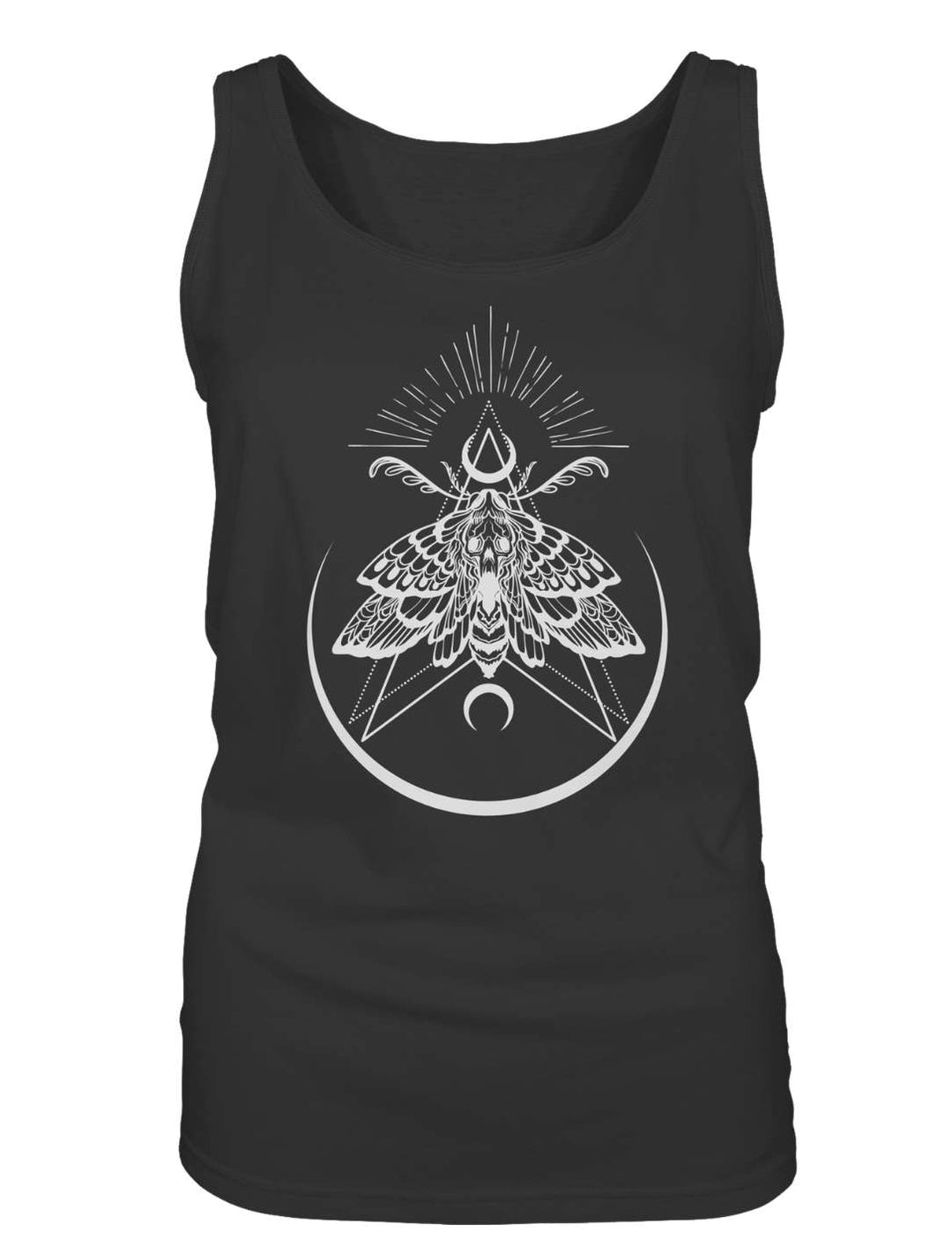 Flatlay des schwarzen Damen Tank Tops mit hellem Nachtfalter, Mondsichel und Strahlenkranz