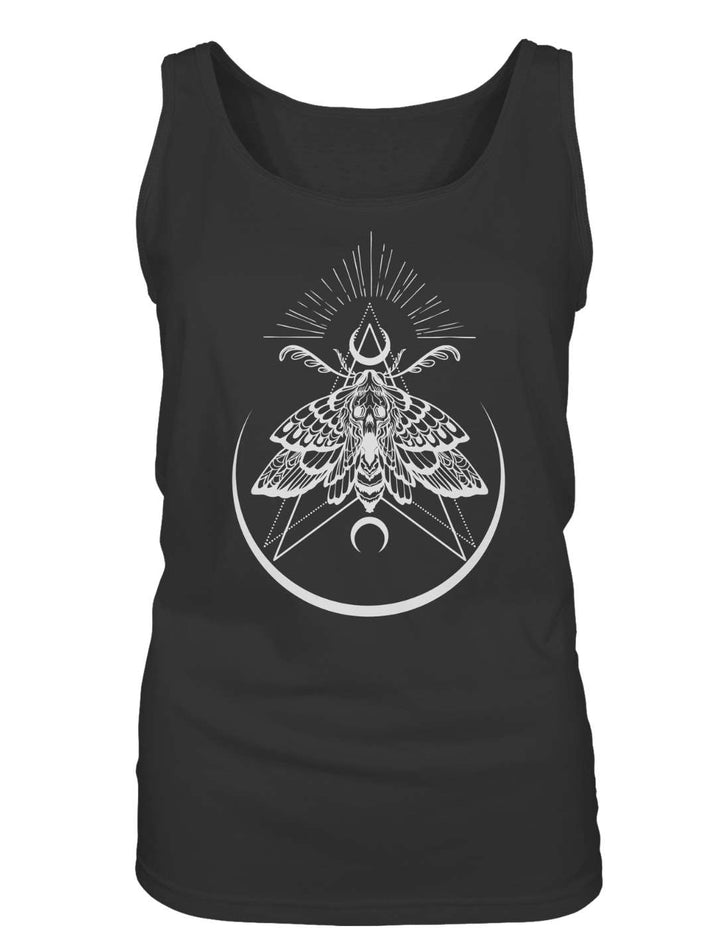 Flatlay des schwarzen Damen Tank Tops mit hellem Nachtfalter, Mondsichel und Strahlenkranz