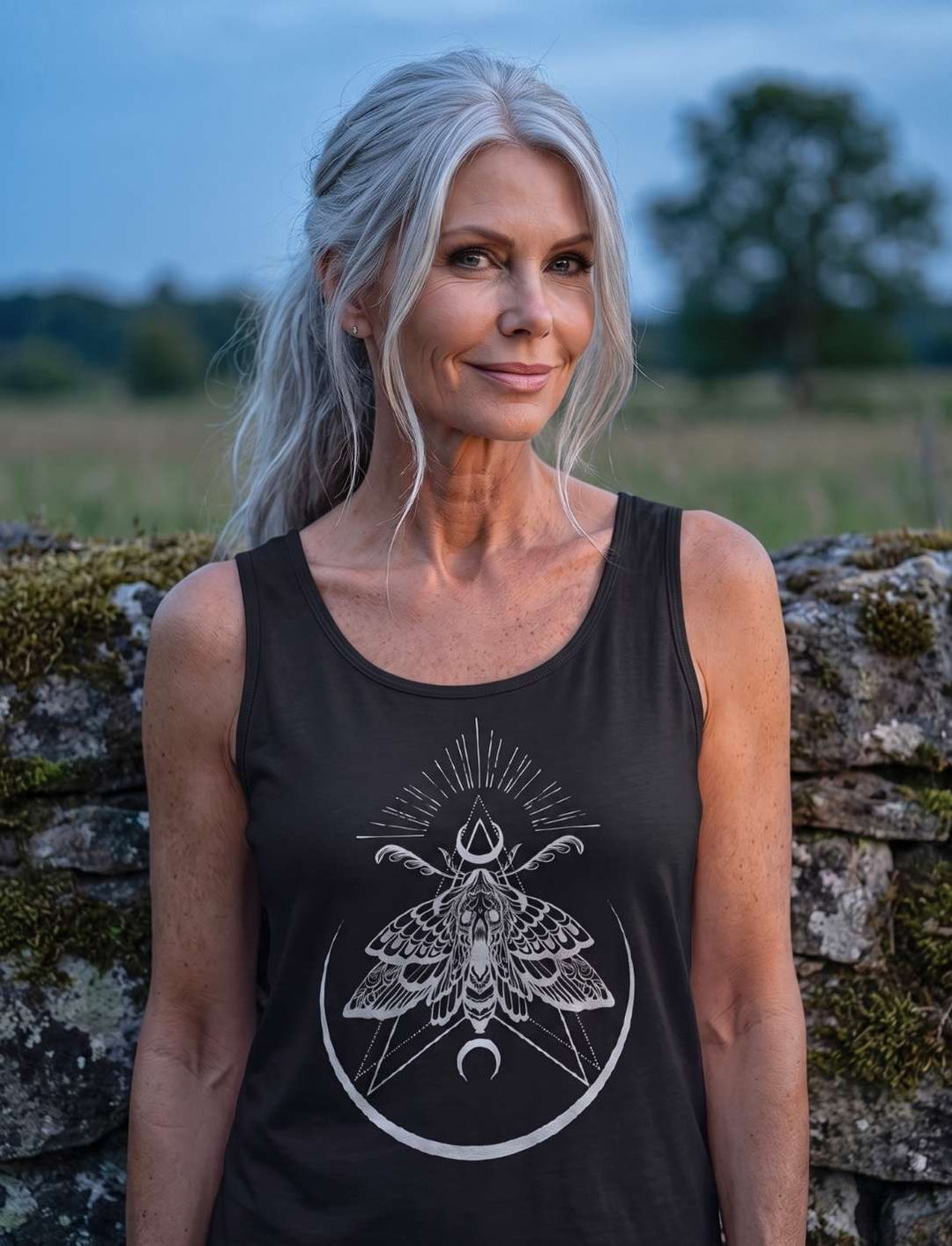 Frau in schwarzem Tank Top mit Nachtfalter-Motiv vor einer Wiese in der blauen Stunde