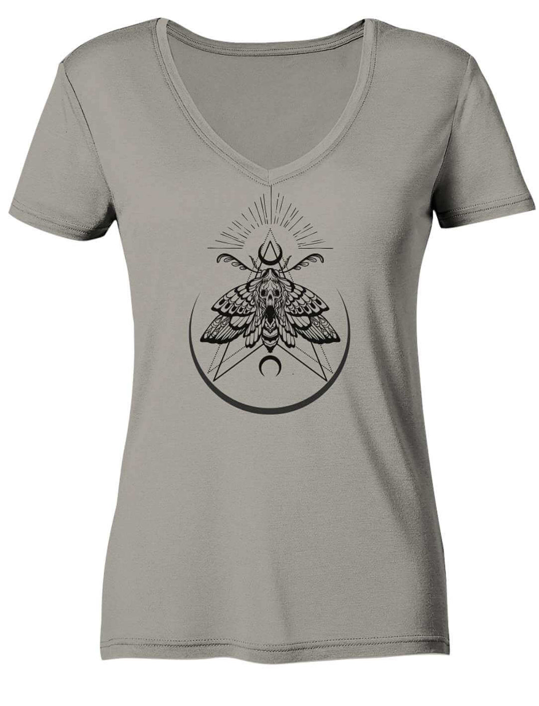 Hellgraues Damen V-Neck Shirt mit Nachtfalter-Motiv, flach liegend