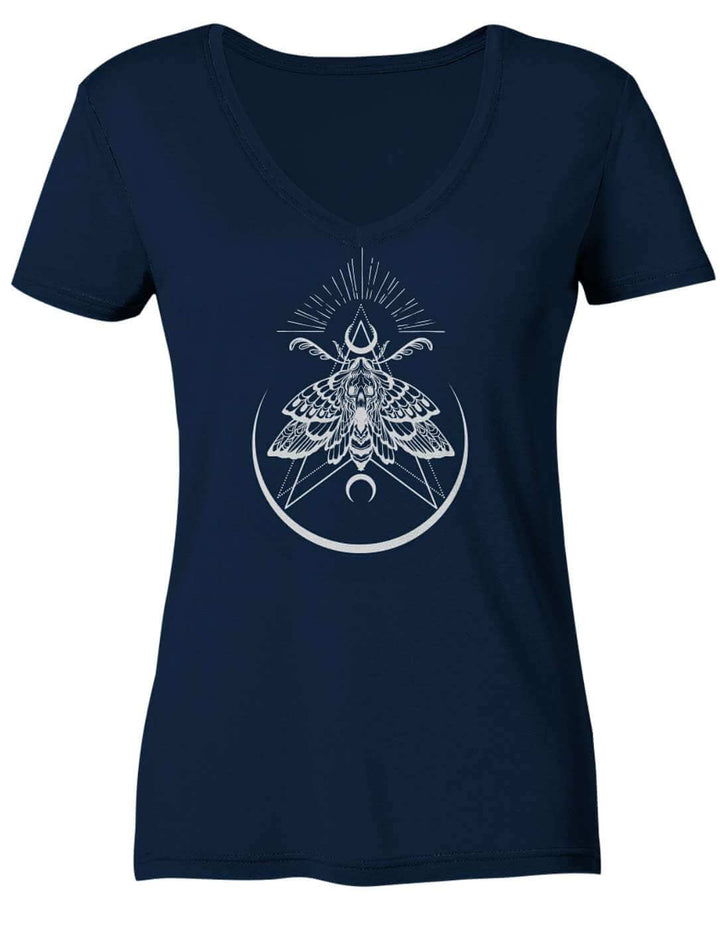 Navyblaues Damen V-Neck Shirt mit Nachtfalter-Motiv, flach liegend
