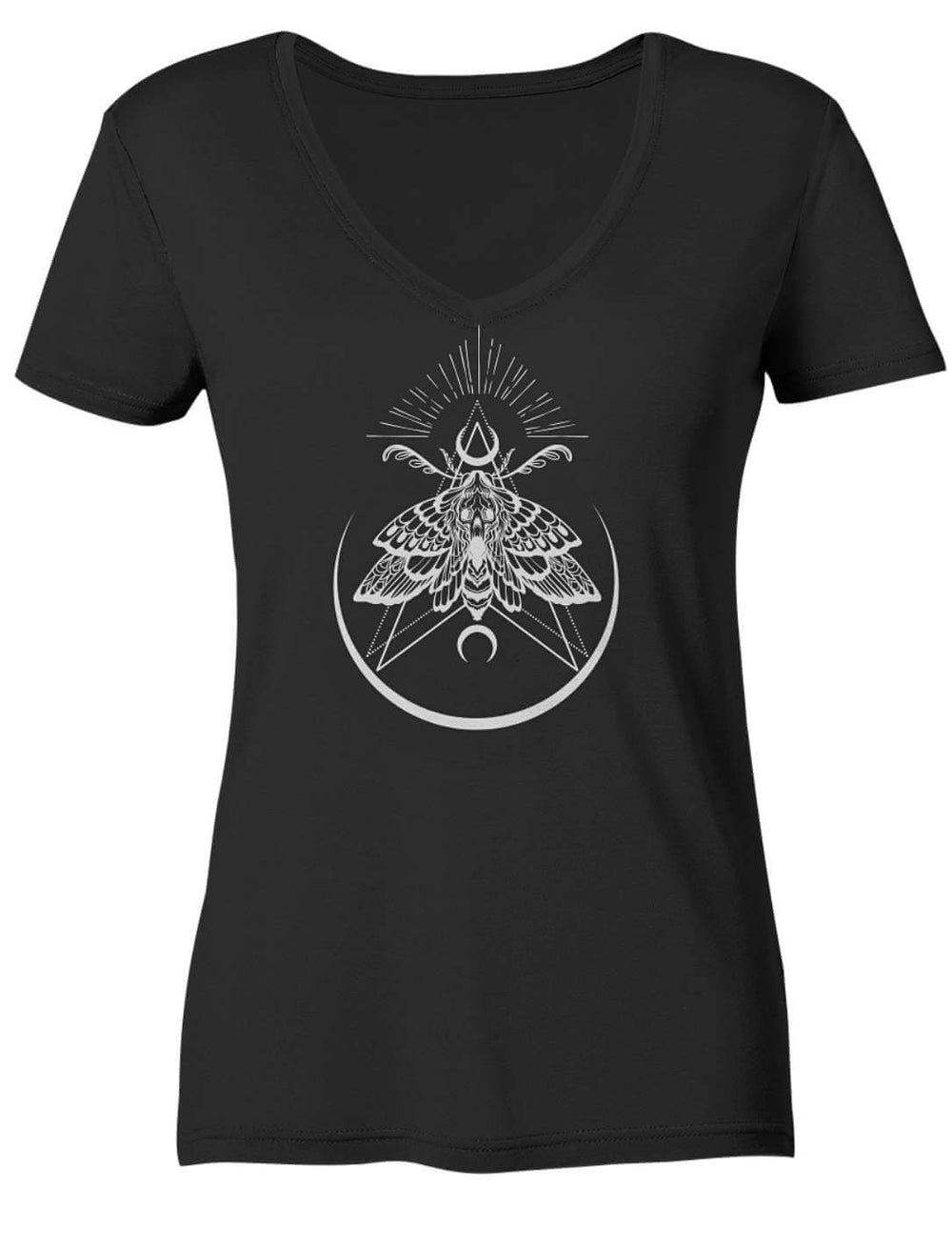 Schwarzes Damen V-Neck Shirt mit Nachtfalter-Motiv, flach liegend