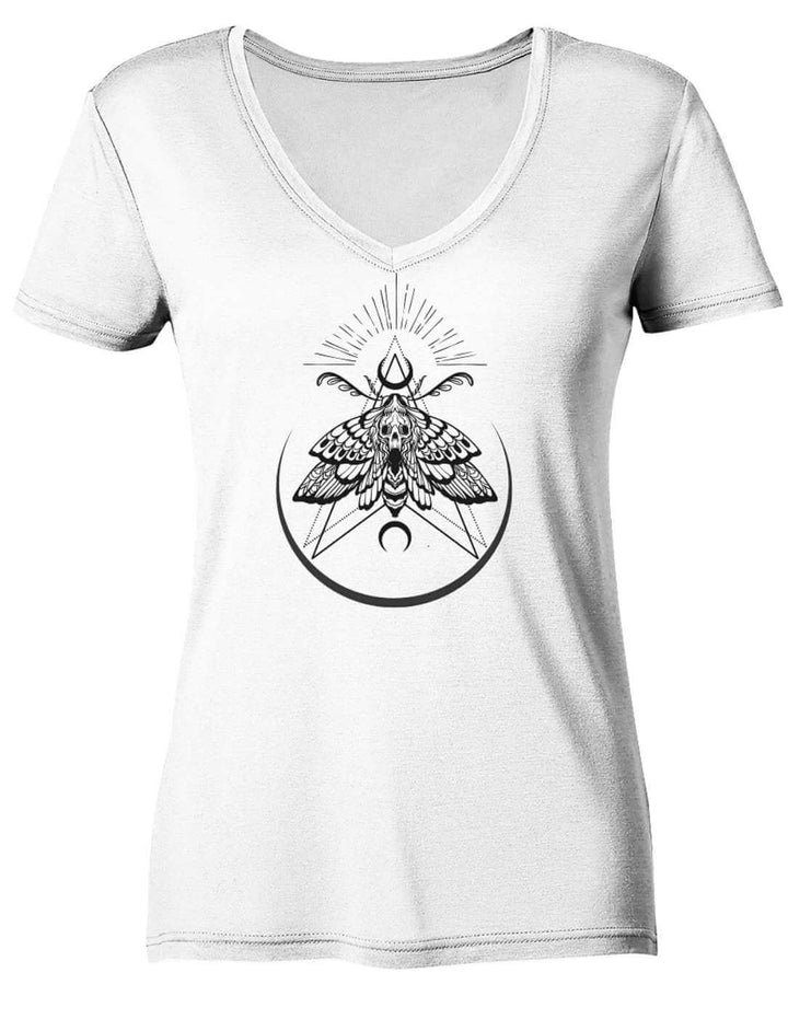 Weisses Damen V-Neck Shirt mit Nachtfalter-Motiv, flach liegend
