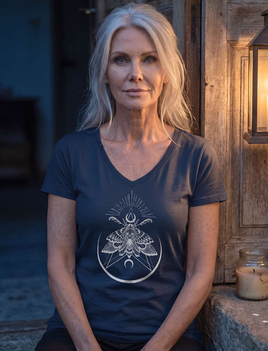 Frau sitzt an einer Steinstufe im navyblauen Shirt mit Kerzenlicht