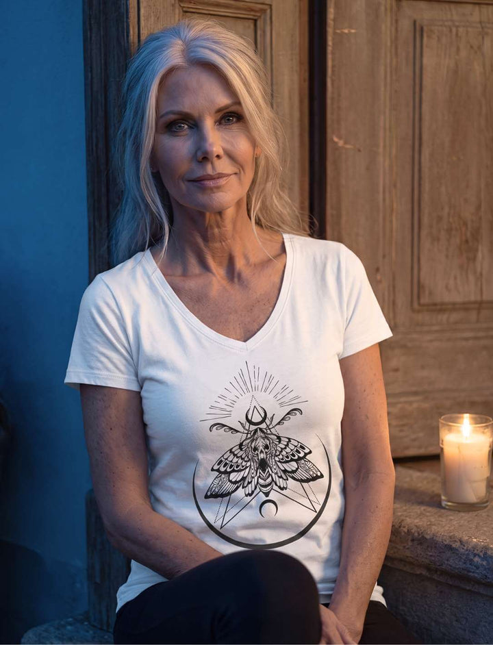 Frau sitzt vor einer Holztuer im weissen Shirt mit Falter-Motiv