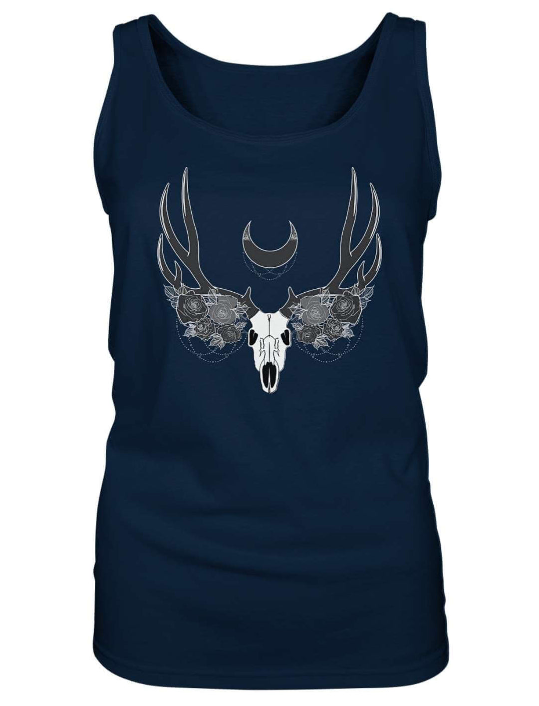 Navyblaues Damen Tank Top flach dargestellt, helles Druckmotiv mit Schädel, ausladendem Geweih und Mondsichel