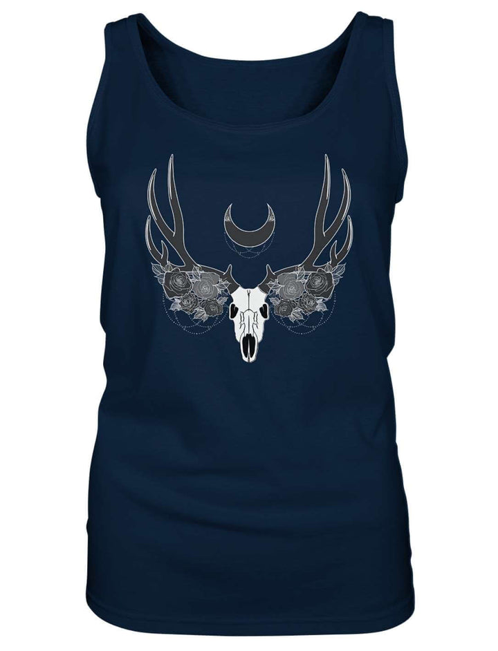 Navyblaues Damen Tank Top flach dargestellt, helles Druckmotiv mit Schädel, ausladendem Geweih und Mondsichel