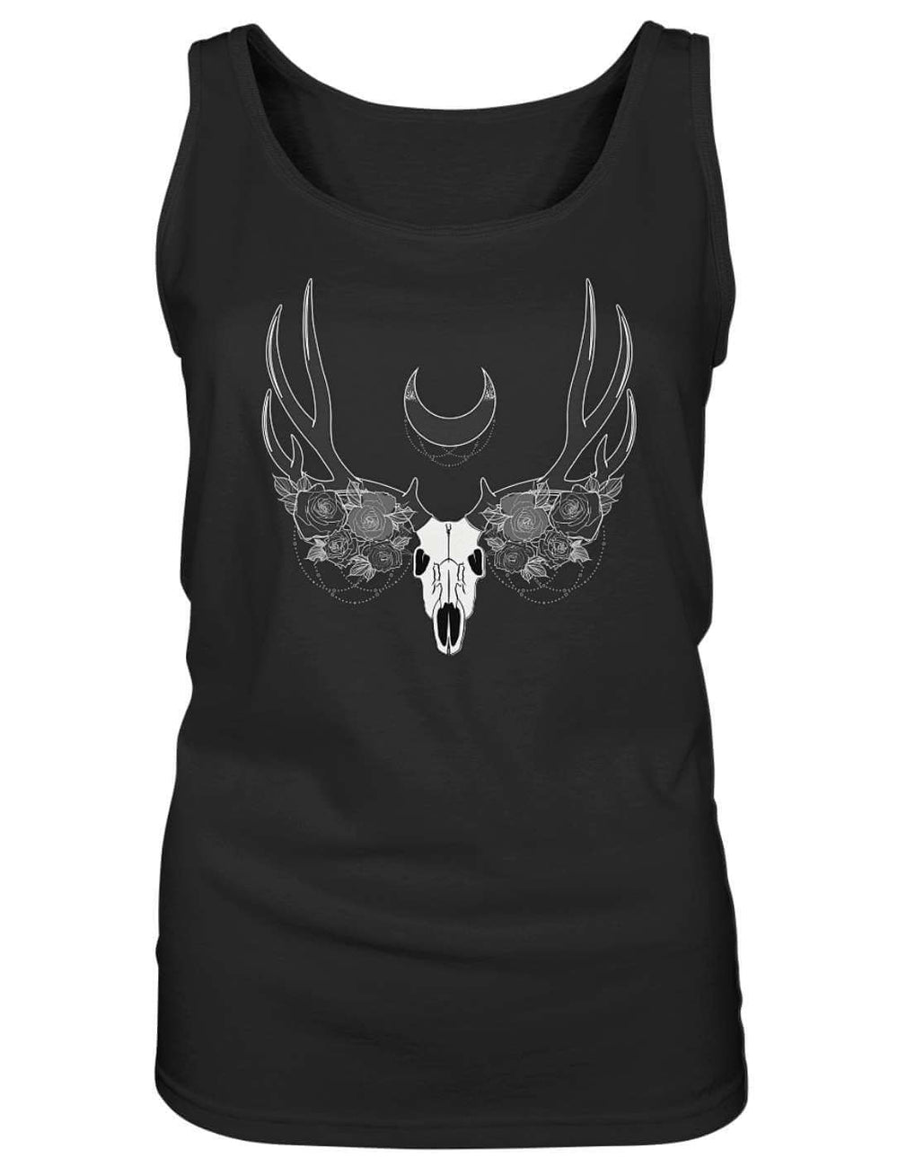 Schwarzes ärmelloses Damen Tank Top flach ausgelegt, mit geflügeltem Hirschschädel und schmaler Mondsichel auf der Brust