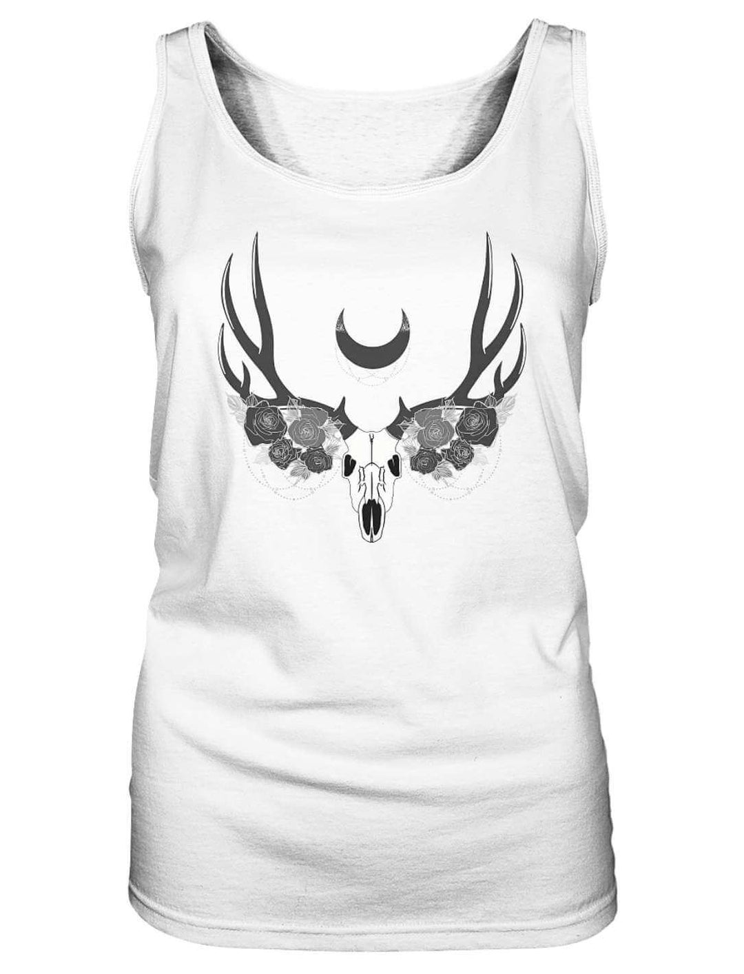 Weißes ärmelloses Damen Tank Top flach ausgelegt, dunkler Druck mit Schädel, Geweih und Mondsichel