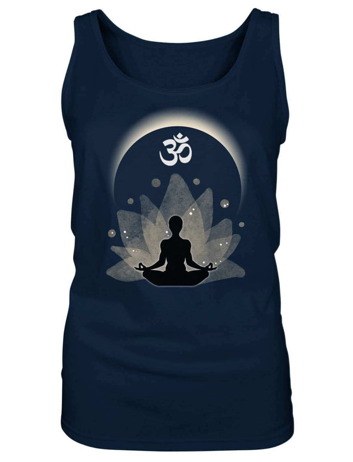 Ärmelloses Damen Tank Top in Navy mit Om-Symbol und geöffneter Lotusblüte