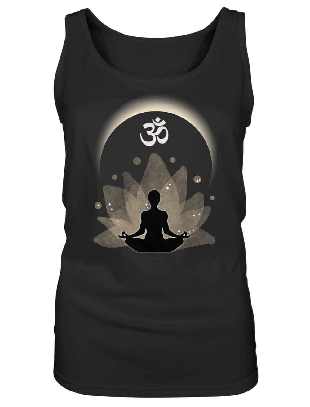 Om Tank Top Damen in Schwarz mit Om-Symbol über meditierender Silhouette im Lotus