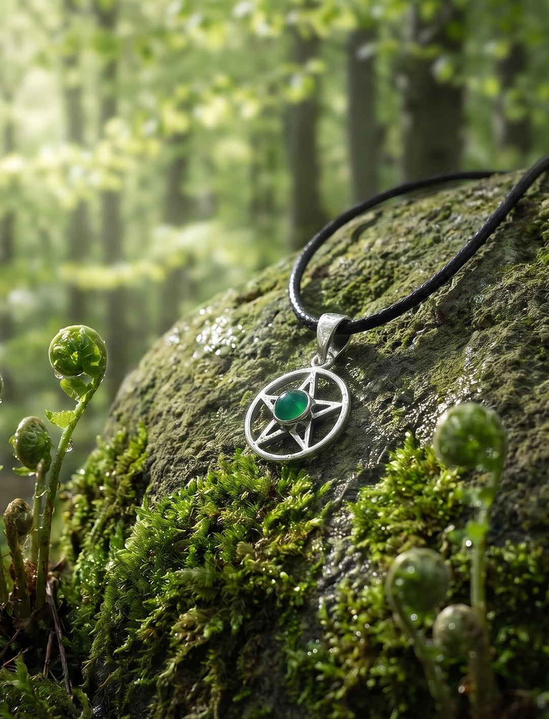 Waldstern: Pentagramm Kette aus Silber mit grünem Achat an Lederkordel auf einem Moosstein im Buchenhain mit Farnschnecken