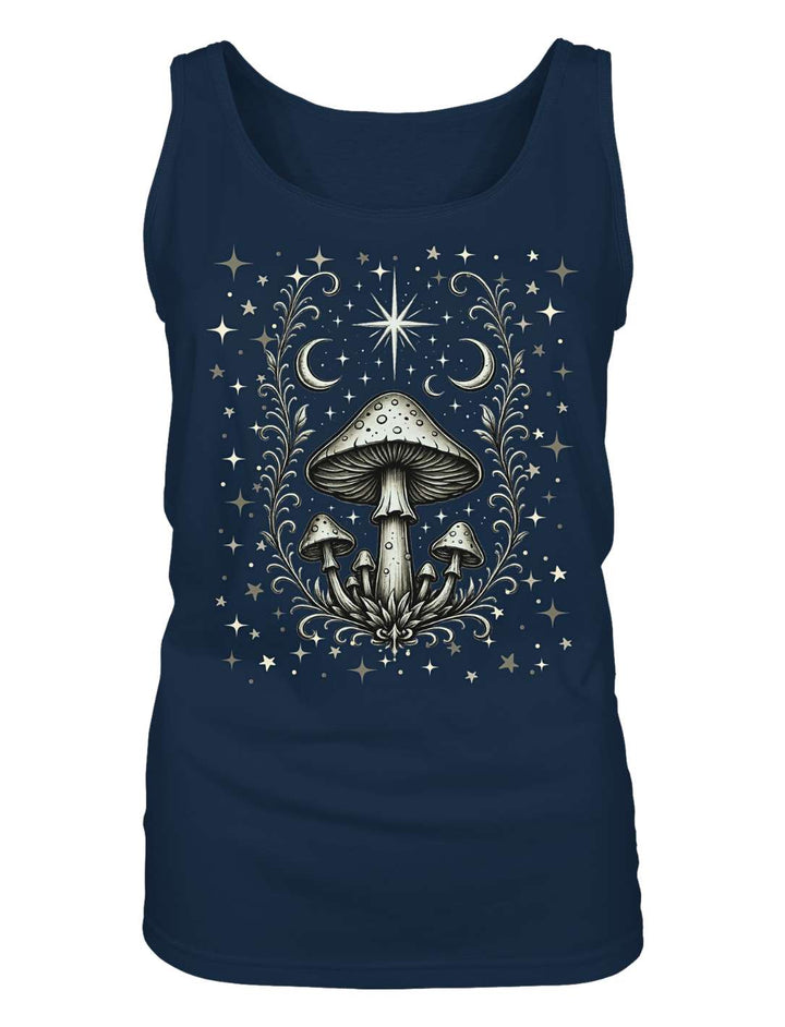 Damen Tank Top in Navy liegend, Pilzmotiv mit zwei Mondsicheln und feinen Ranken