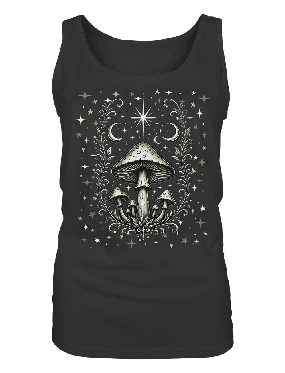 Schwarzes Damen Tank Top liegend, Nachtwald-Motiv mit Pilzen, Ranken und Sternen