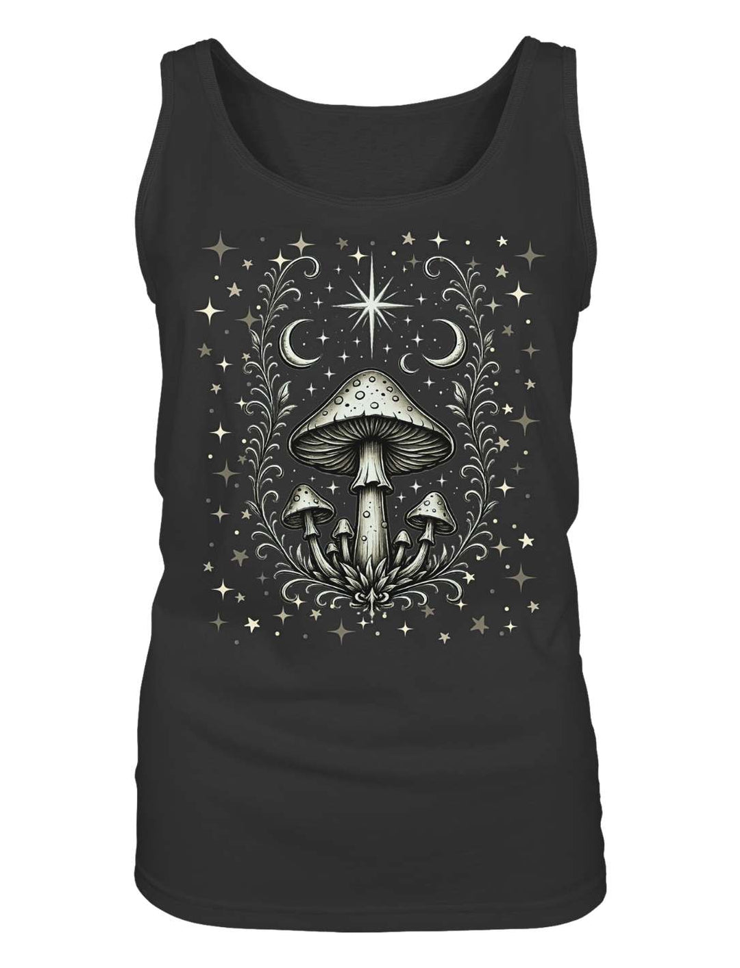Schwarzes Damen Tank Top liegend, Nachtwald-Motiv mit Pilzen, Ranken und Sternen