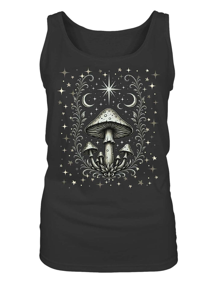 Schwarzes Damen Tank Top liegend, Nachtwald-Motiv mit Pilzen, Ranken und Sternen