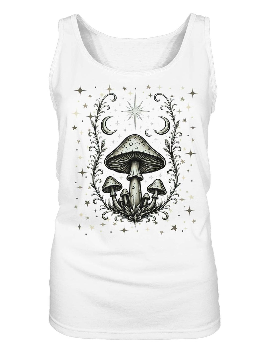 Damen Tank Top in Weiß liegend, Motiv mit großem Pilz, Farn und achtstrahligem Stern